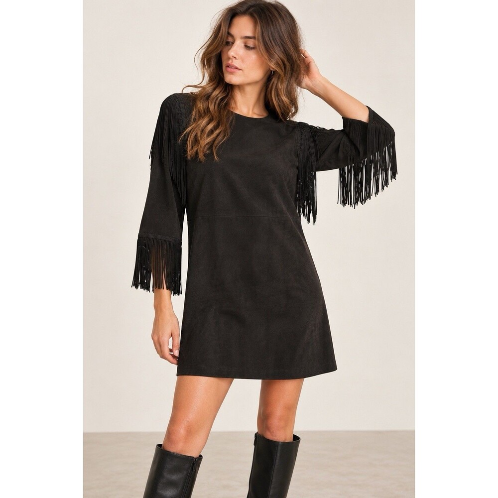 Zara Trafaluc Black Faux Suede Fringe Sleeve Shift Dress Size L